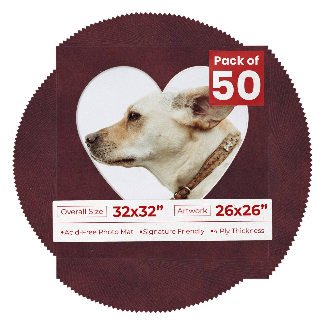 Dark Red Suede Mat Board for 32x32 Frames - Heart Opening for 26x26 Photos